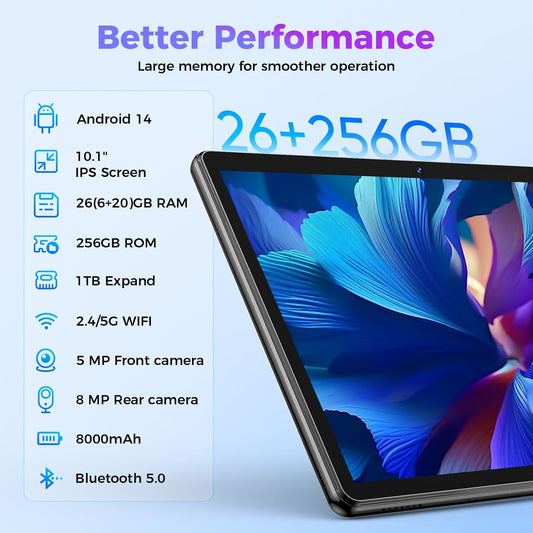 Android Tablet with Keyboard, 26GB RAM, 256GB ROM(1TB Expand), 10.1 inch Android 14 Tablet, 8000mAh Battery, BT 5.0, GMS Certified, 2.4G&5G WiFi, 2 in 1 Tablets with Mouse, Case, Stylus(Black)