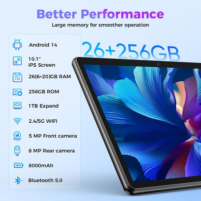 Android Tablet with Keyboard, 26GB RAM, 256GB ROM(1TB Expand), 10.1 inch Android 14 Tablet, 8000mAh Battery, BT 5.0, GMS Certified, 2.4G&5G WiFi, 2 in 1 Tablets with Mouse, Case, Stylus(Pink)