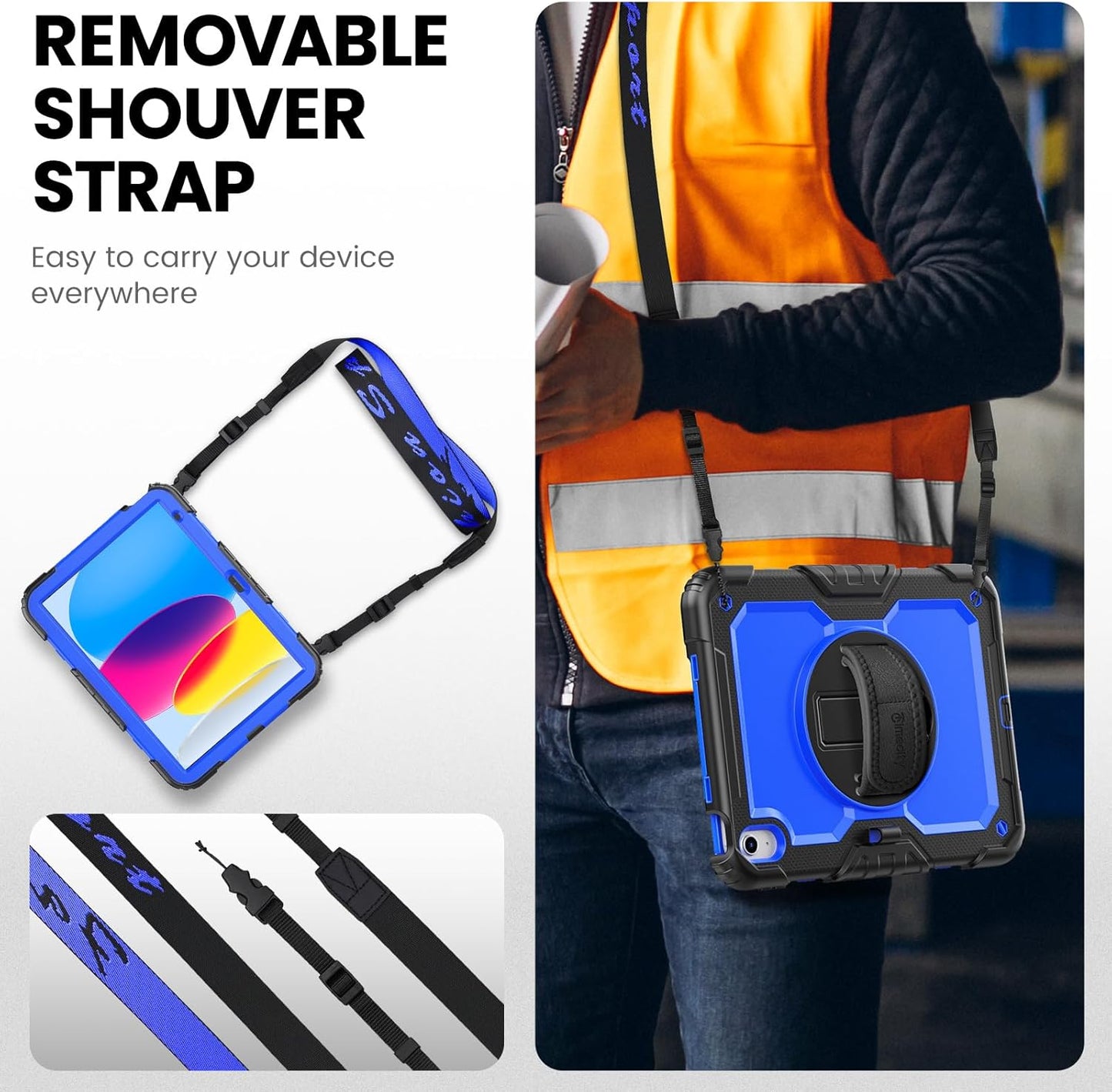 timecity for iPad (A16) 11th/ 10th Generation Case 11''/ 10.9 Inch (2025/2022) - Heavy Duty Protective Cover with Screen Protector, Stand, Shoulder Strap & Pencil Holder | Kids-Friendly - Dark Blue