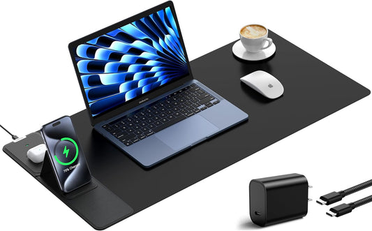 TopMade Mouse Pad with 15W Wireless Charging & Phone Holder, 31.5" x 15.75" XXL Large Desk Pad, Waterproof Gaming Mousepad Home Office Desk Mat (Includes 20W PD Power Adapter & 6.56ft Woven Cable)