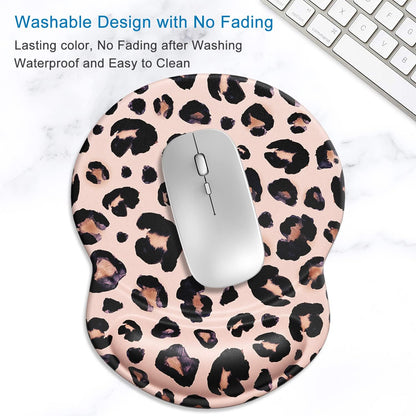 ITNRSIIET Ergonomic Mouse Pad with Gel Wrist Support Small Wrist Rest Smooth Surface Non-Slip PU Base Comfortable Office Supplies Pain Relief, 8.7 x 7.2 inches, Leopard Black Purple