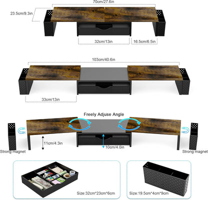 Spacrea Metal Desk Organizers and Accessories, Dual Monitor Stand Riser with Drawer and 2 Pen Holders, Desk Accessories & Workspace Desktop Organizers for Office Supplies (Wood)