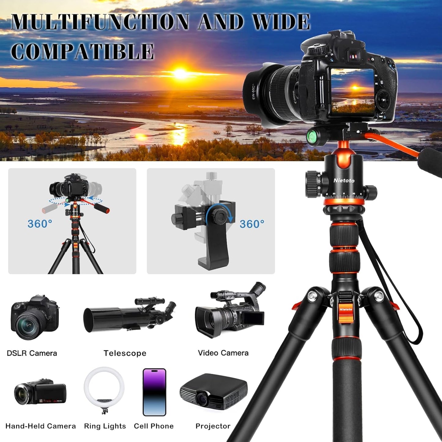 68" Tripod for Camera & Shooting Tripods, 2 in1 Camera Tripods & Monopods with Handle, Aluminum Rifle Tripod & Hunting Stick, Heavy Duty Tripod for DSLR,Canon,Nikon,Sony and Gun,Extra Carry Bag
