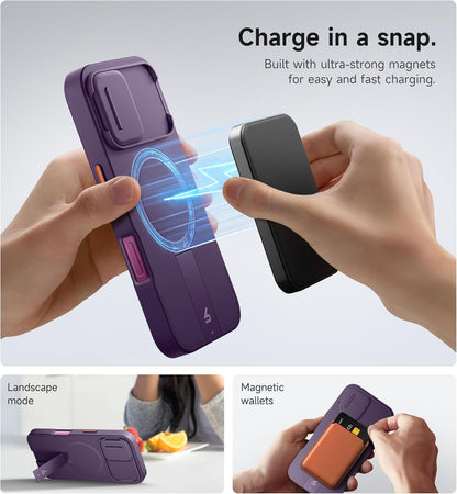 SURITCH for iPhone 16 Case with Magnetic Camera Slide Cover and Adjustable Kickstand, Compatible with MagSafe, Shockproof Bumper Case Slim Protective Cover 6.1 Inch, Dark Purple