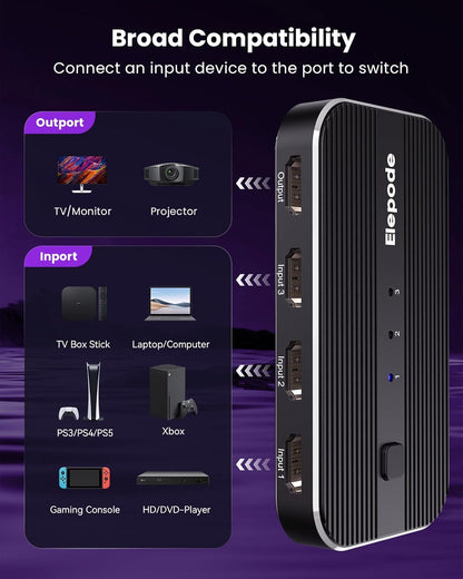 HDMI Splitter with Remote, 3 in 1 Out 4K@60Hz Elepode HDMI Switch, HDMI 2.0 Switch Box Hub for 3D, HDCP2.2, HDR, Compatible with Xbox, PS5/4/3, Fire Stick Roku Blu-Ray Player
