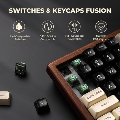 WK84 USB-C Wired Wooden Mechanical Keyboard, 75% Layout 84 Keys, RGB Backlit, Hot-Swappable Green Switches, QMK/VIA Programmable, for Gaming & Typing