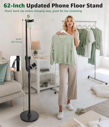Phone Floor Stand, Overhead Phone Mount with Extendable Horizontal Arm & Remote, 360° Rotatable Extension Arm, Adjustable Tripod Stand for iPhone Video Recording, Photography, Live Streaming