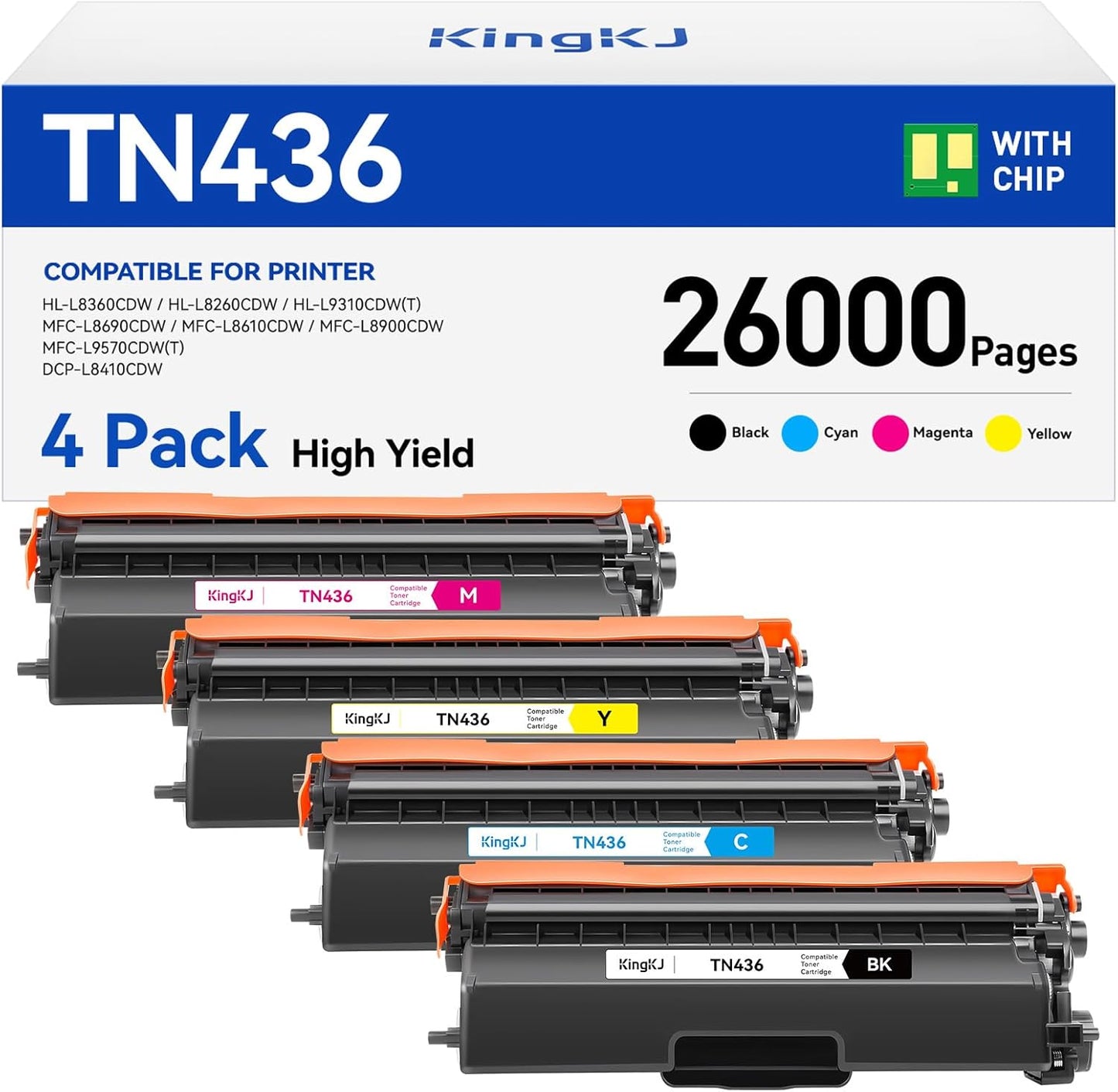 TN436 Toner Cartridge 4-Pack Replacement Compatible for Brother TN-436 TN433 TN431 MFC-L8900CDW MFC-L8690CDW HL-L8360CDW HL-L8260CDW MFC-L8610CDW MFC-L8905CDW MFC-L9570CDW HL-L8360CDWT Printer Set Ink