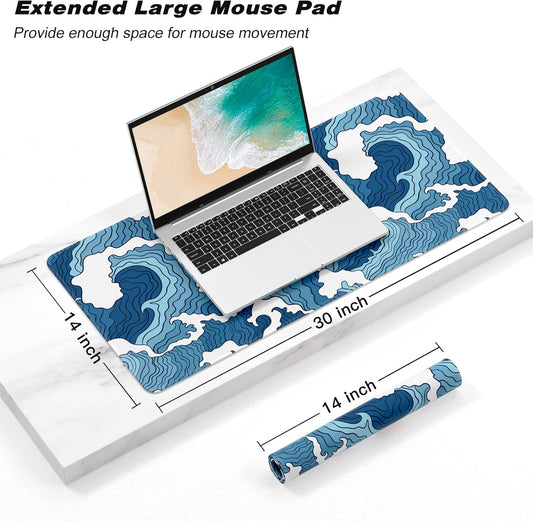 Extended Gaming Mouse Pad, Japanese Blue White Wave Mousepad, XL Large Mouse Mat Desk Pad 30 x 14 Inch, Waterproof Anime Mouse Pad with Stitched Edges and Non-Slip Base for Office Gaming