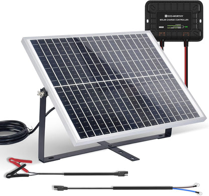 ECO-WORTHY 25W 12V Solar Battery Trickle Charger Maintainer, Waterproof Solar Panel + Adjustable Mount Bracket + Upgrade Charge Controller for 12V Batteries Cars RV Boat Motorcycle Marine
