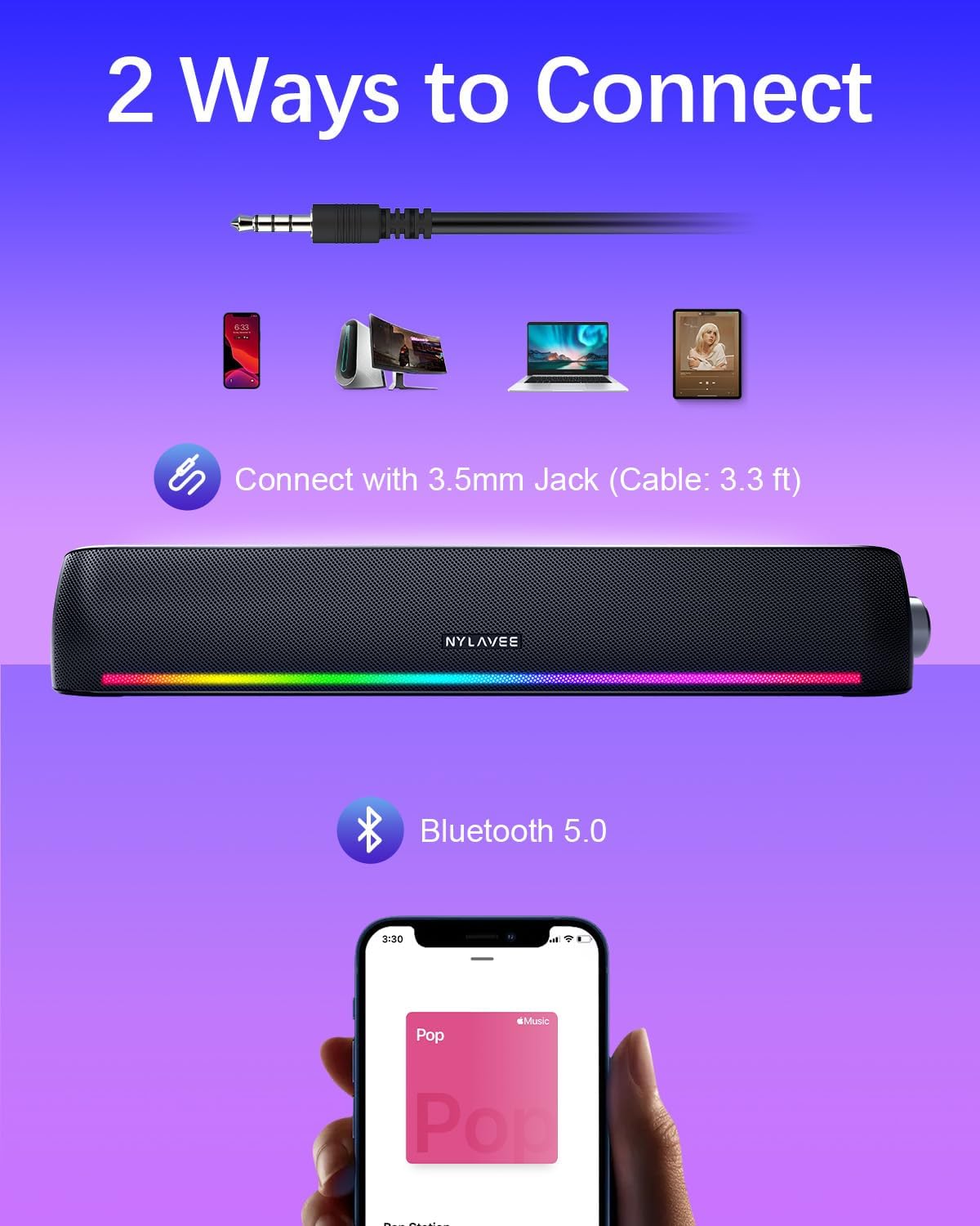 Computer Speakers, Hi-Fi Sound Quality Computer Sound Bar, Bluetooth 5.0 & 3.5mm Wired PC Speakers with 4 Dynamic Lighting Modes, USB Powered Speakers for PC, Desktop, Laptops, Phones, Monitors, Xbox