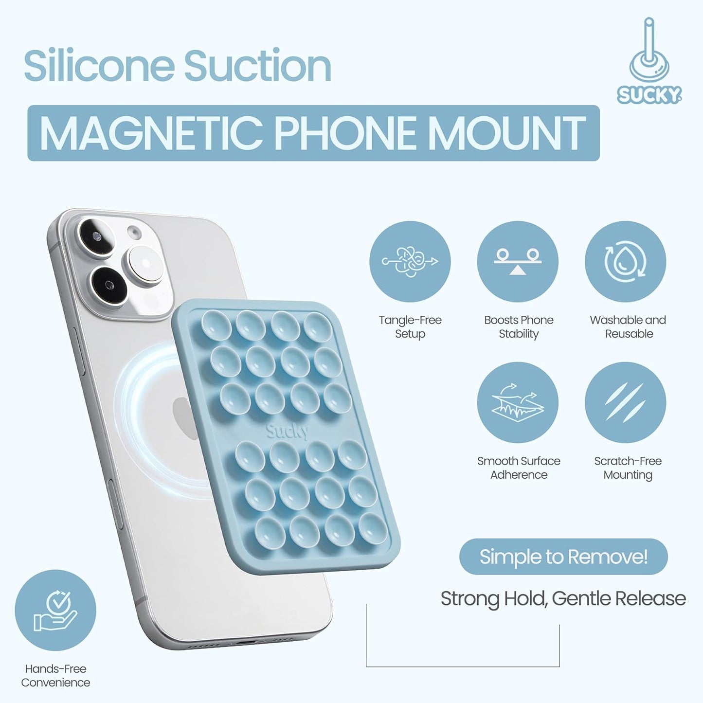 SUCKY Magnetic Suction Cell Phone Grip for MagSafe Case, Silicone Octo Cup Buddy Holder, Hands-Free Removable Mount, Durable Magnet Phone Accessory for iPhone and Android - Baby Blue