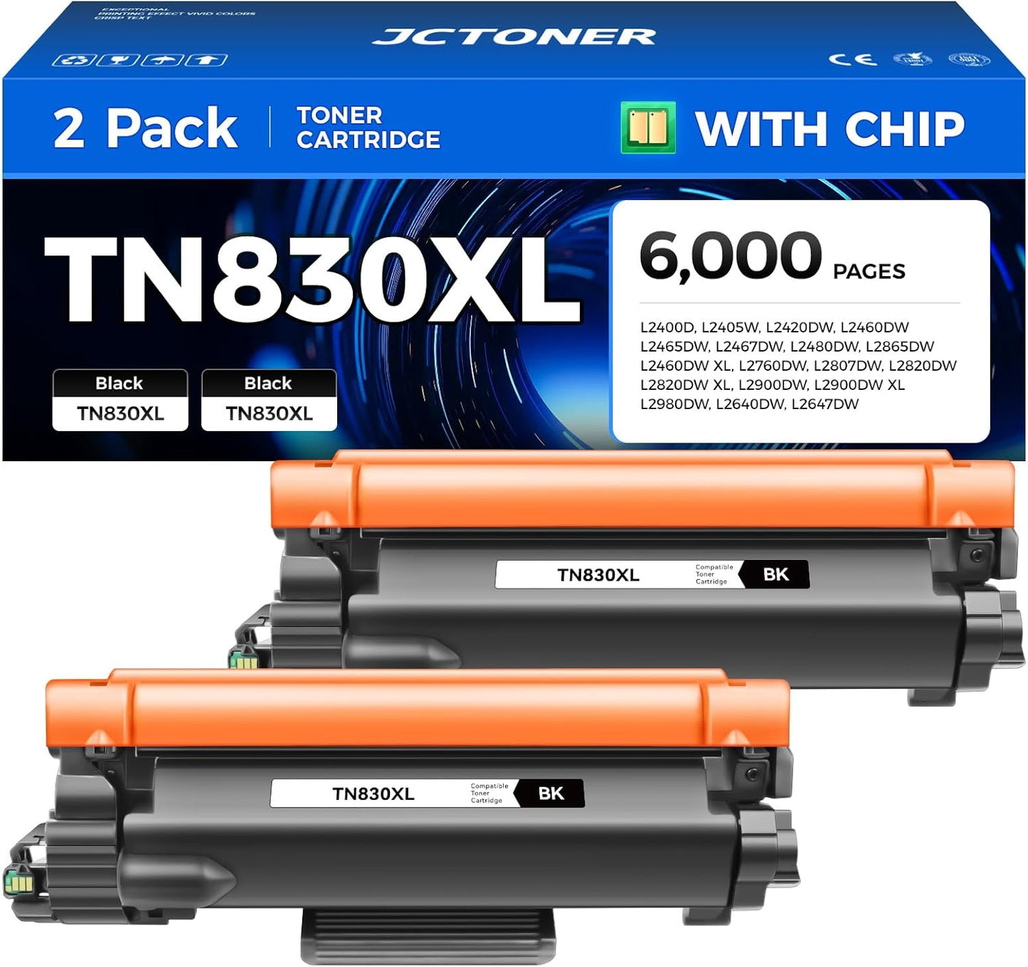 TN830XL Black Toner Cartridge 2-Pack High Yield Replacement for Brother TN830XL TN830 XL Compatible for HL-L2460DW HL-L2405W HL-L2480DW MFC-L2820DW DCP-L2640DW MFC-L2900DW HL-L2400D Laser Printer Ink
