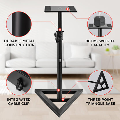 Pyle Speaker Stand Pair of Sound - Play 1 and 3 Holder, Telescoping Height Adjustable from 26” - 52” Inch, High Heavy Duty Three-point Triangle Base w/ Floor Spikes and 9” Square Platform, Black