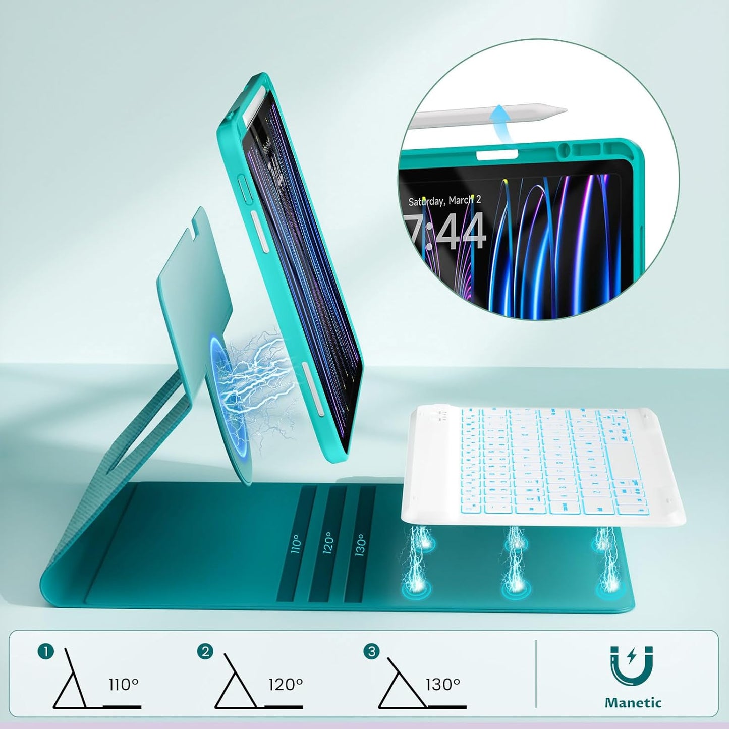 OYEEICE Keyboard Case for iPad Pro 12.9 inch 6th Gen 2022, 5th 2021, 4th 2020, Rotating Detachable Clear Cover with 7 Colorful Backlit Keyboard Wireless, Pencil Holder, Auto Wake/Sleep - Teal