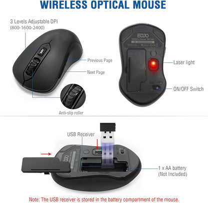 Wireless Keyboard and Mouse Combo, EDJO 2.4G Full-Sized Ergonomic Computer Keyboard with Wrist Rest and 3 Level DPI Adjustable Wireless Mouse for Windows, Mac OS Desktop/Laptop/PC