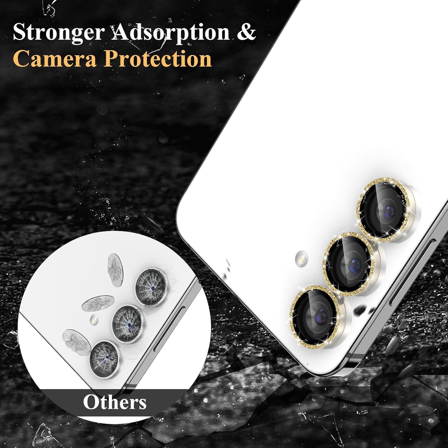YWXTW Camera Lens Protector for Samsung Galaxy S24 / S23 / S23 Plus, [NOT for S24 Plus] 9H Tempered Glass Metal Individual Ring Camera Screen Protector for S24 Accessories (Gold Glitter)