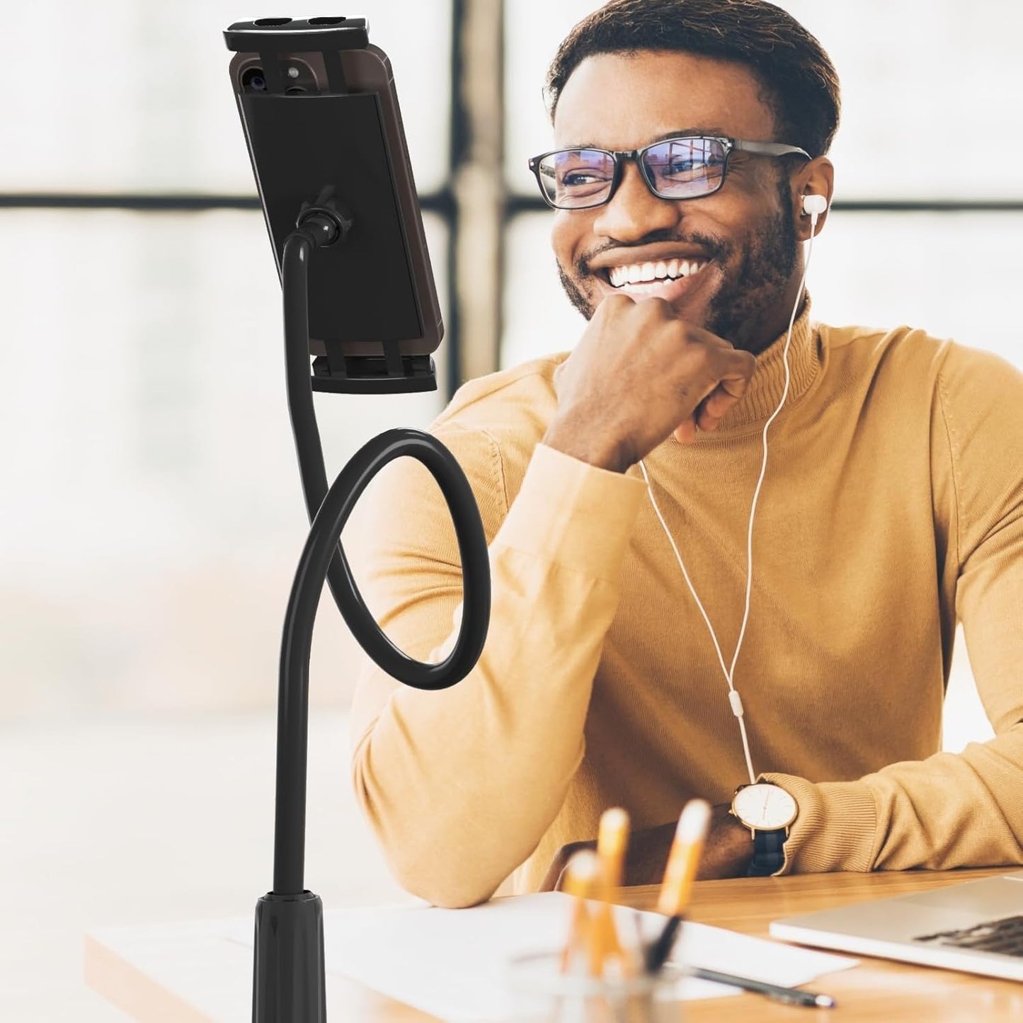 LEVO Clamping Gooseneck Phone and Tablet Mount Holder with Flexible Long Arm – Ideal for Desk, Office, Bedside, Headboard, Kitchen Counter, Boat, RV, and More - Black