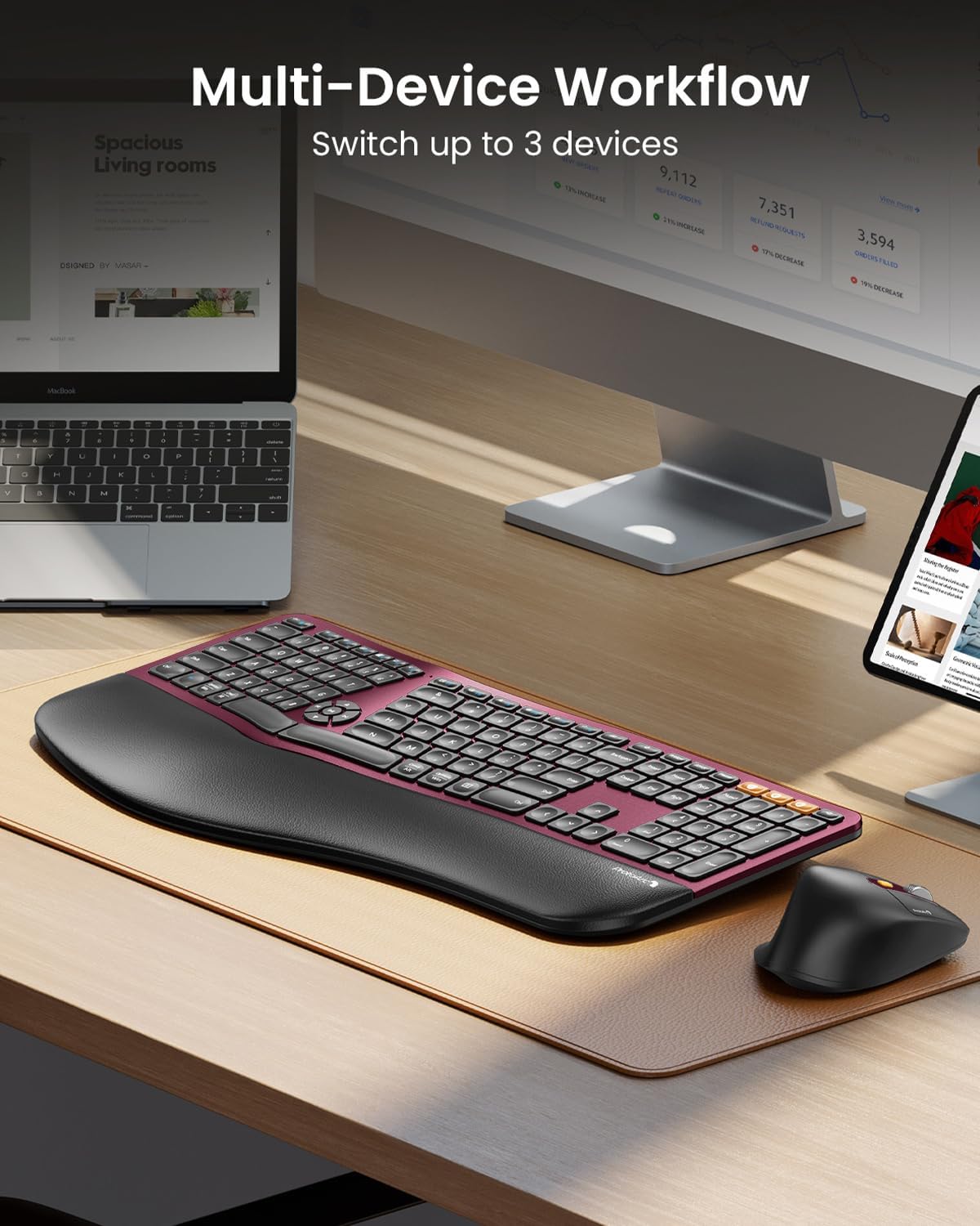 ProtoArc Ergonomic Wireless Keyboard Mouse, EKM01 Plus Full Size Ergo Bluetooth Keyboard Mouse Combo, Split Design, Wrist Rest, Multi-Device, Rechargeable, for Windows/Mac OS - Wine Red