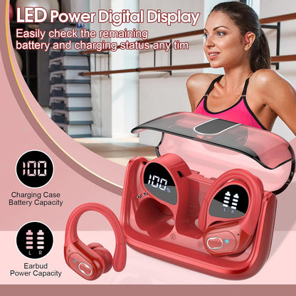 Wireless Earbuds 75hrs Bluetooth 5.4 Headphone Sport, 2025 Bluetooth Earbuds Stereo Deep Bass Over Ear Bud with Earhooks, ENC Noise Cancelling Mic, IPX7 Waterproof Earphone, Red