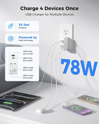 SUPERONE Retractable iPhone Charger, 4-Port USB C Charger Block, iPhone Chargers Fast Charging with Dual USB C Cable, Wall Chargers for iPhones 16/15/14/13/12/11 Series, Pad, Samsung, Pixel
