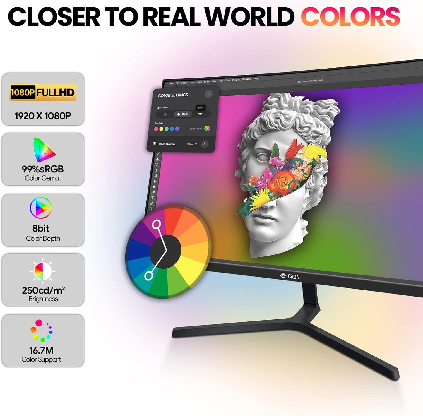 CRUA 24" Curved Monitor, FHD(1920×1080P) 100HZ, 99% sRGB Color Gamut Computer Monitors, Narrow Bezels on Three Sides, Blue Light Filter PC Monitor for Home, Office and Dormitory(HDMI, VGA)-Black