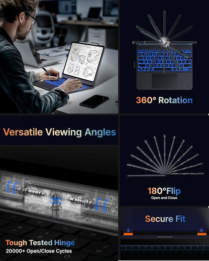 typecase Touch Case with Keyboard for iPad Pro 13-inch(M4, 2024), iPad Air 13-inch(M3, 2025/M2, 2024) & iPad Pro 12.9(6th/5th/4th/3rd Gen), Trackpad, 360° Rotatable, 11-Colors Backlit, Midnight Gray