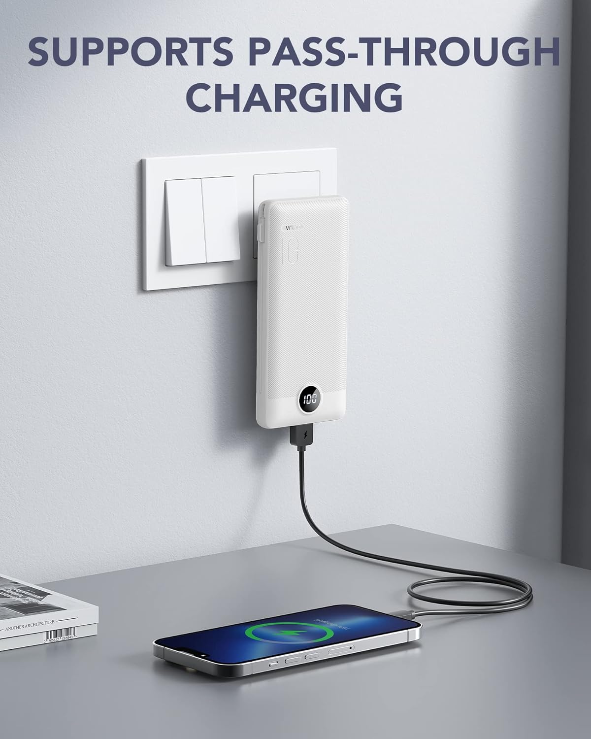 VRURC Portable Charger,Power Bank Built-in Cables and AC Wall Plug, USB C Portable Bank 10000mAh, Travel Essentials Phone Charger Compact External Battery Pack for Smart Phones, Tablets etc-White