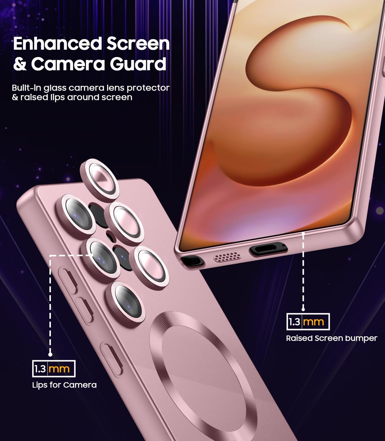 Magnetic for Samsung Galaxy S25 Ultra Case [Compatible with MagSafe][Built-in Camera Lens Protector] Slim Soft Silicone Bumper Shockproof Metallic Luster Phone Shell (Rose Gold)