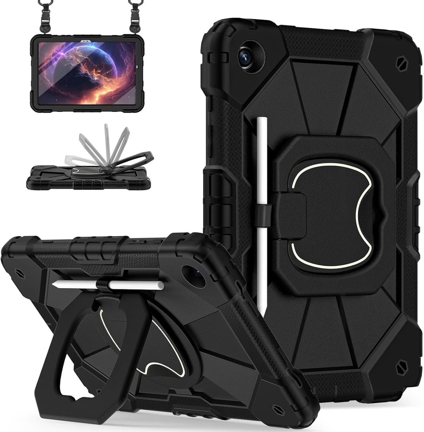for Galaxy Tab A9 Plus Case 11 Inch, Rugged Case for Samsung Galaxy A9+ Tablet Case with Screen Protector 360 Rotating Stand Shoulder Strap Pen Holder, 2023 Model(SM-X210/X216/218), Black Black