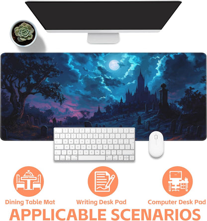 Mouse Pad Large Gothic Graveyard Non-Slip Game Desk Mat with Stitched Edge Laptop Keyboard Desk Pad for Work Home Gaming (35.4 x 15.7 Inches)