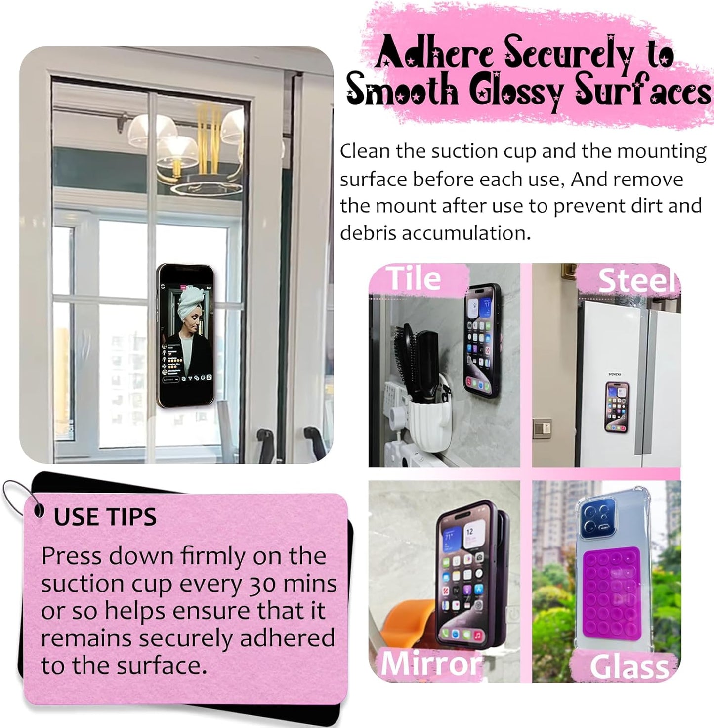 Silicone Suction Phone Case Mount, Silicon Adhesive Phone Accessory for Smartphones, Hands-Free Mirror Shower Phone Holder for Selfies, Tiktok Videos (Translucent)