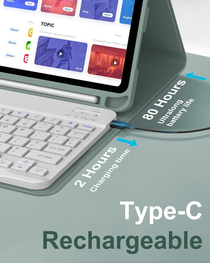 Keyboard Case for iPad 10th Generation 2022 10.9-inch - Rechargeable Detachable Wireless Bluetooth Keyboard - Smart Folio Cover with Pencil Holder for 10.9 inch Apple iPad 10th Generation, Dark Green