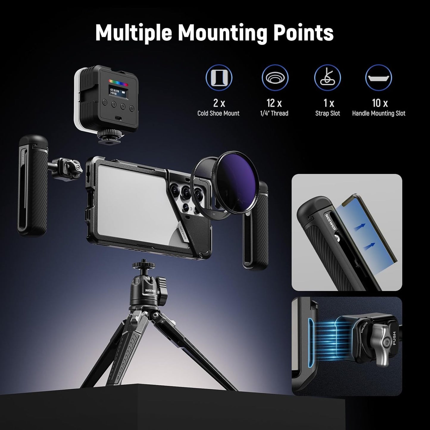 NEEWER S25 Ultra Phone Cage, PA082 Mobile Video Rig Phone Stabilizer for Video Recording with PA045E Bluetooth Side Handle, 67mm Filter Adapter, 17mm Lens Backplate & T Mount Compatible with Moment