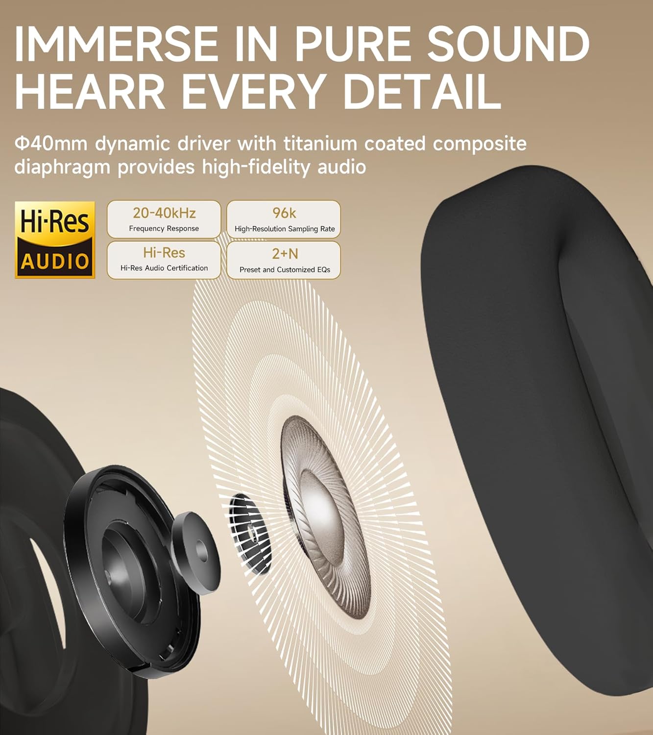 Atom Max - Hybrid Active Noise Cancelling Headphones, Hi-Res Audio, Wireless Over-Ear, Foldable, 45H Playtime, Fast Charging, Customize via an App, Bluetooth v5.4, ANC Headphones, Black