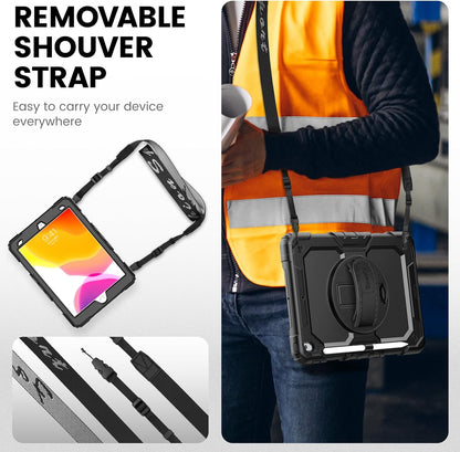Timecity Case for iPad 9th/ 8th/ 7th Generation 10.2 inch - Heavy Duty Protective Cover with Screen Protector, Rotating Stand, Shoulder Strap & Pencil Holder | Kids-Friendly (Black)