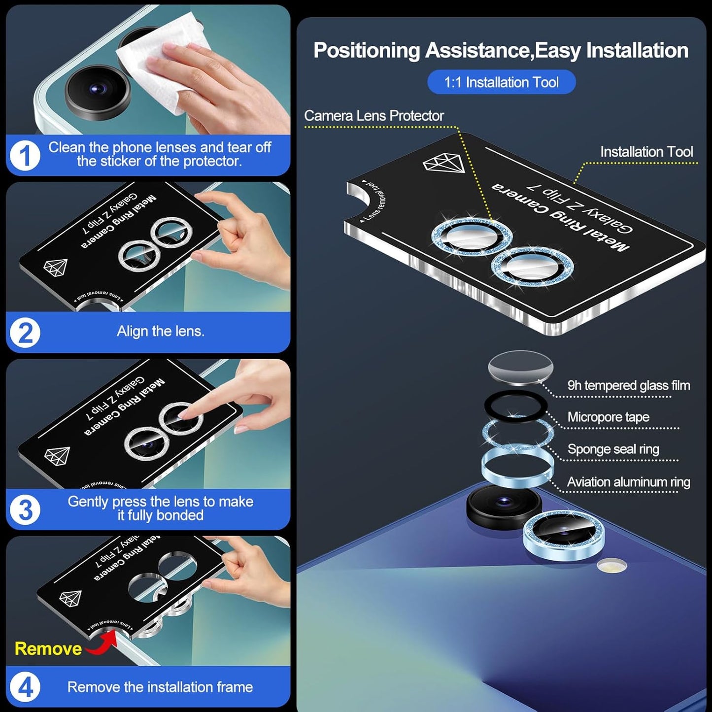 for Samsung Galaxy Z Flip 7 Camera Lens Protector, Individual Metal Ring Tempered Glass Lens Cover, [Strong Adsorption] Scratch Resistant Ultra-Thin HD Clear Lens Cover, 1 Set-Blue Sparkly