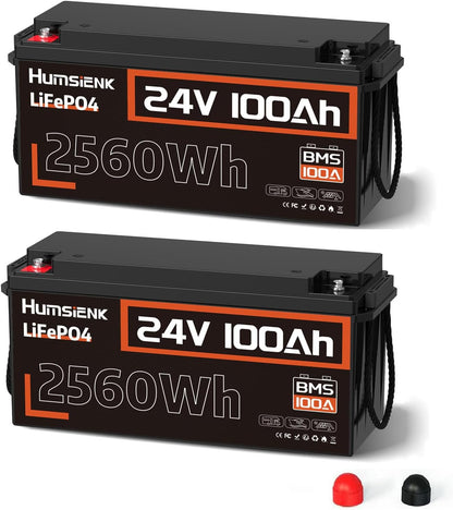 2 Pack 24V 100Ah LiFePO4 Lithium Battery, Built-in 100A BMS with Low-Temp, 15000+ Deep Cycles 10 Years Lifespan, 2560Wh Lithium Iron Phosphate Battery, for RV Solar Energy Off Grid