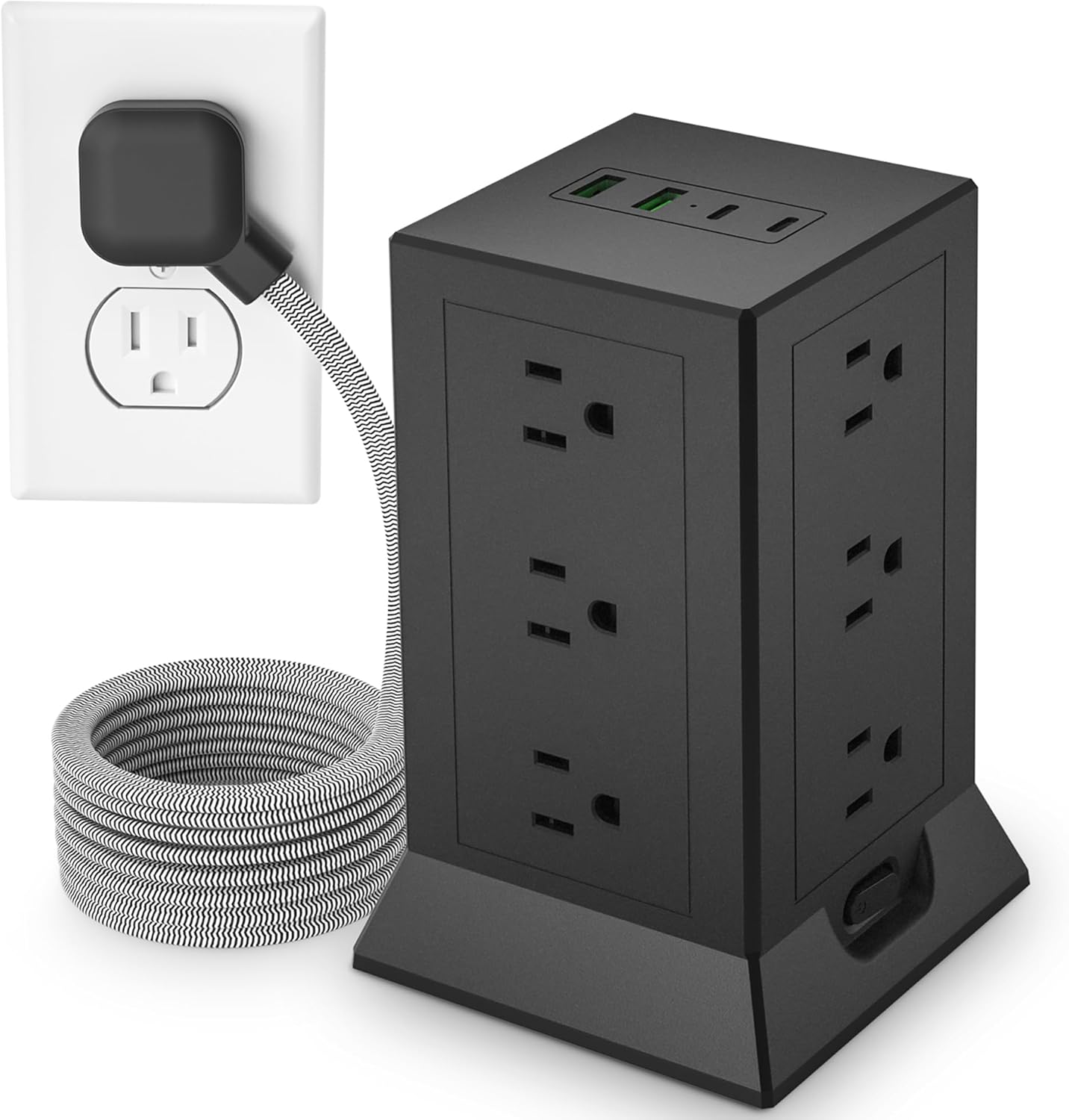 Power Strip Tower with Multiple Outlets 16.5 Ft Extension Cord Flat Plug with 12 AC Outlets 4 USB Ports (2 USB C), Power Tower Surge Protector with Individual Switches for Home Office Dorm Room, Black