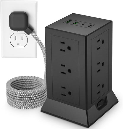 Power Strip Tower with Multiple Outlets 16.5 Ft Extension Cord Flat Plug with 12 AC Outlets 4 USB Ports (2 USB C), Power Tower Surge Protector with Individual Switches for Home Office Dorm Room, Black