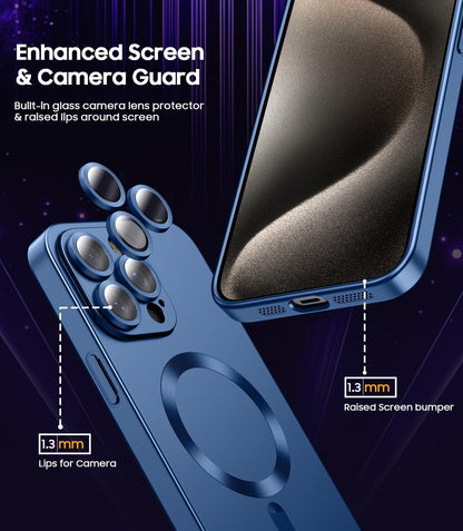 Magnetic for iPhone 15 Pro Case [Compatible with MagSafe][Built-in Camera Lens Protector] Slim Soft Silicone Bumper Shockproof Metallic Shine Phone Case (Blue)