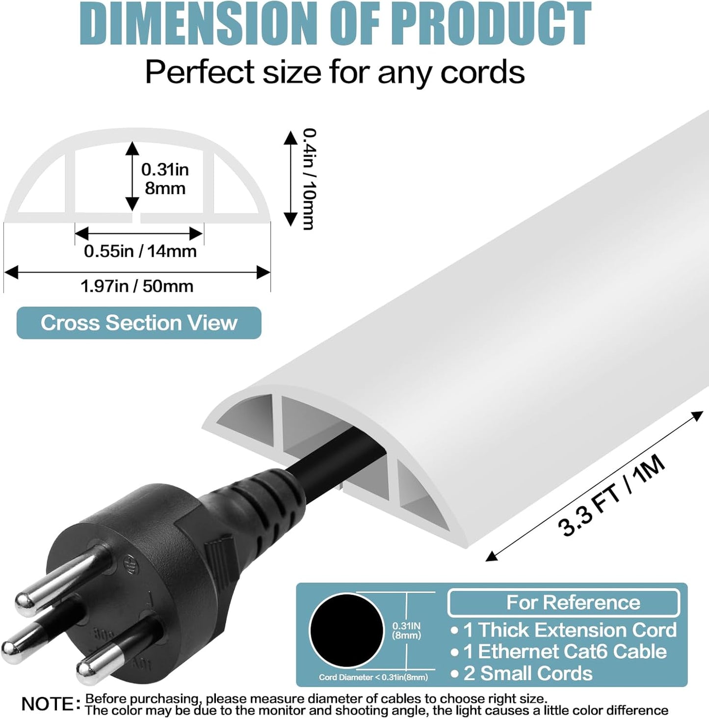 Floor Cord Cover Self Adhesive Cord Hider,3.3FT Cable Management, Extension Strip Protector for Wires, Prevent Cable Trips for Offices, Gyms, Exhibitions Cavity:0.47"(W) x 0.35"(H) White