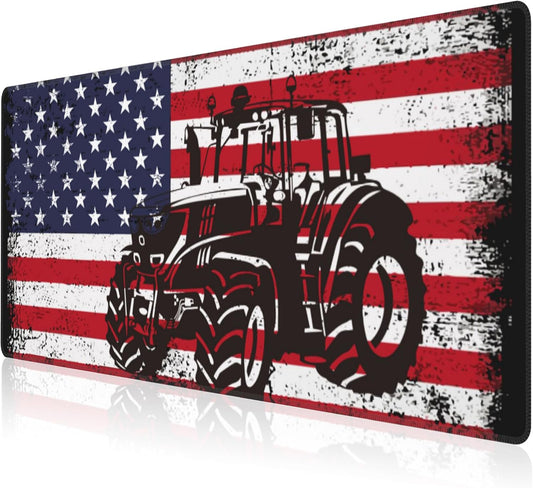 Mouse Pad, Large Vintage USA Flag with Tractor Desk Mat, Extended Non-Slip Gaming Keyboard Mousepad Desk Pad, Thick Stitched Edges Waterproof Mouse Mat 31.5"x15.7" (Retro American Flag)