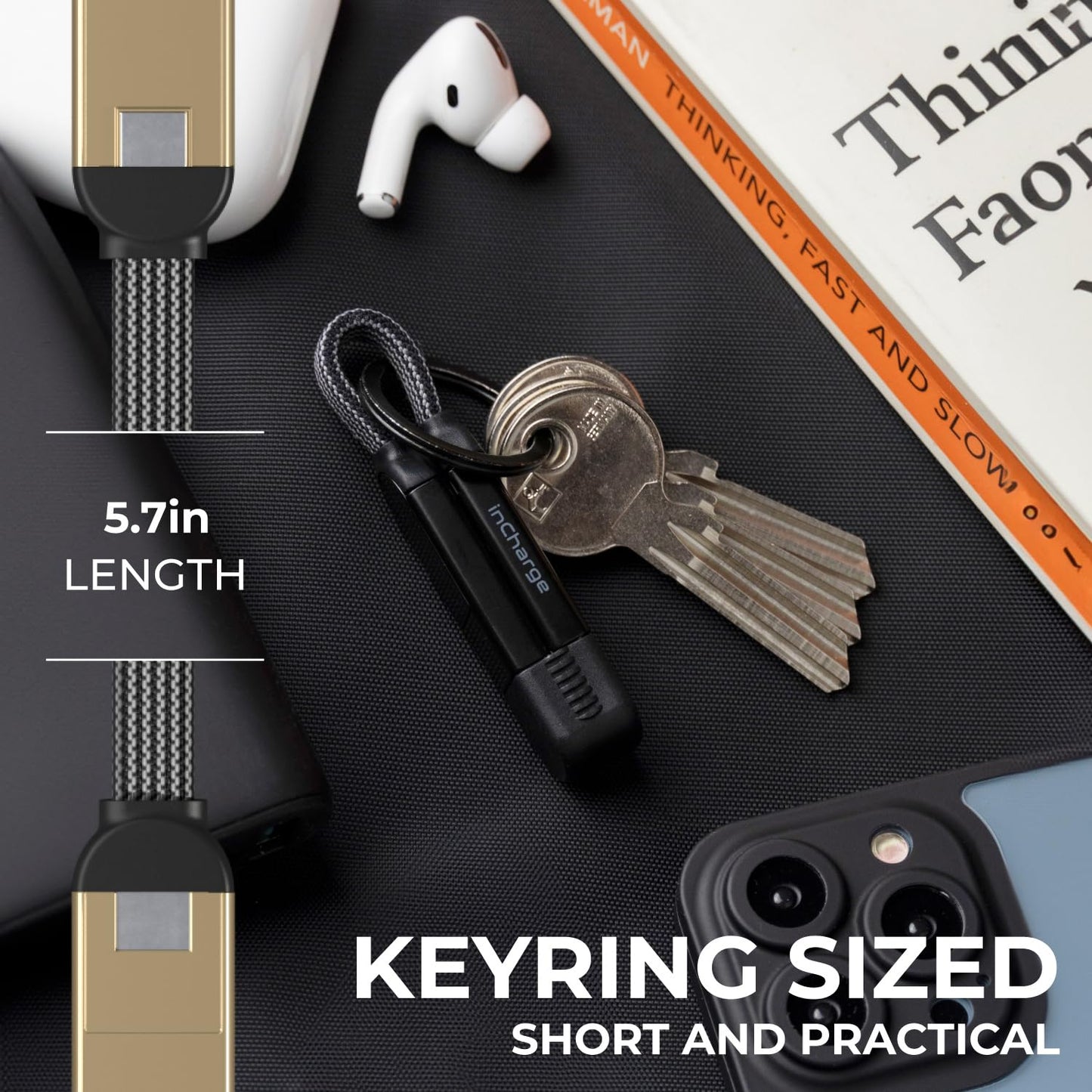 Rolling Square inCharge X, Multi Charging Cable, Portable Keychain Charger Cable, 6-in-1 with 100W Ultra-Fast Charging Power, Saturn Gold, Multi Charger