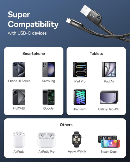 Baseus USB Type C Cable for Car, 2-Pack 3.3ft 100W Retractable Coiled USB A to USB C Fast Charger Cord, Nylon Braided Carplay Cable Compatible with iPhone15/Pro/Plus/Pro Max, Galaxy S24 S23, Note 20