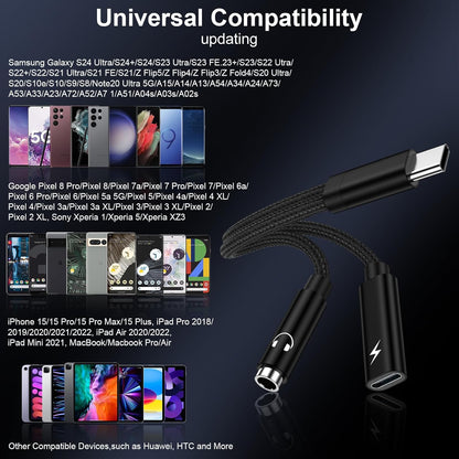 Samsung Galaxy S25 Headphone Adapter, 2 in 1 USB C to 3.5mm Aux Audio Jack with 60W Fast Charging Dongle Cable for Galaxy S25 S24 S23 Ultra A17 A56 A16 A15 A14 A54 iPhone 17 16 15 Pro Max Pixel 10 9 8