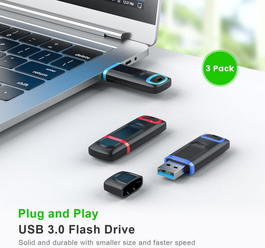 TOPESEL 128GB Flash Drive 3 Pack, USB 3.0 Thumb Drives High Speed Memory Stick Jump Drive Zip Drive for Data Storage and Backup (Three Mixed Colors: Red Blue Cyan)