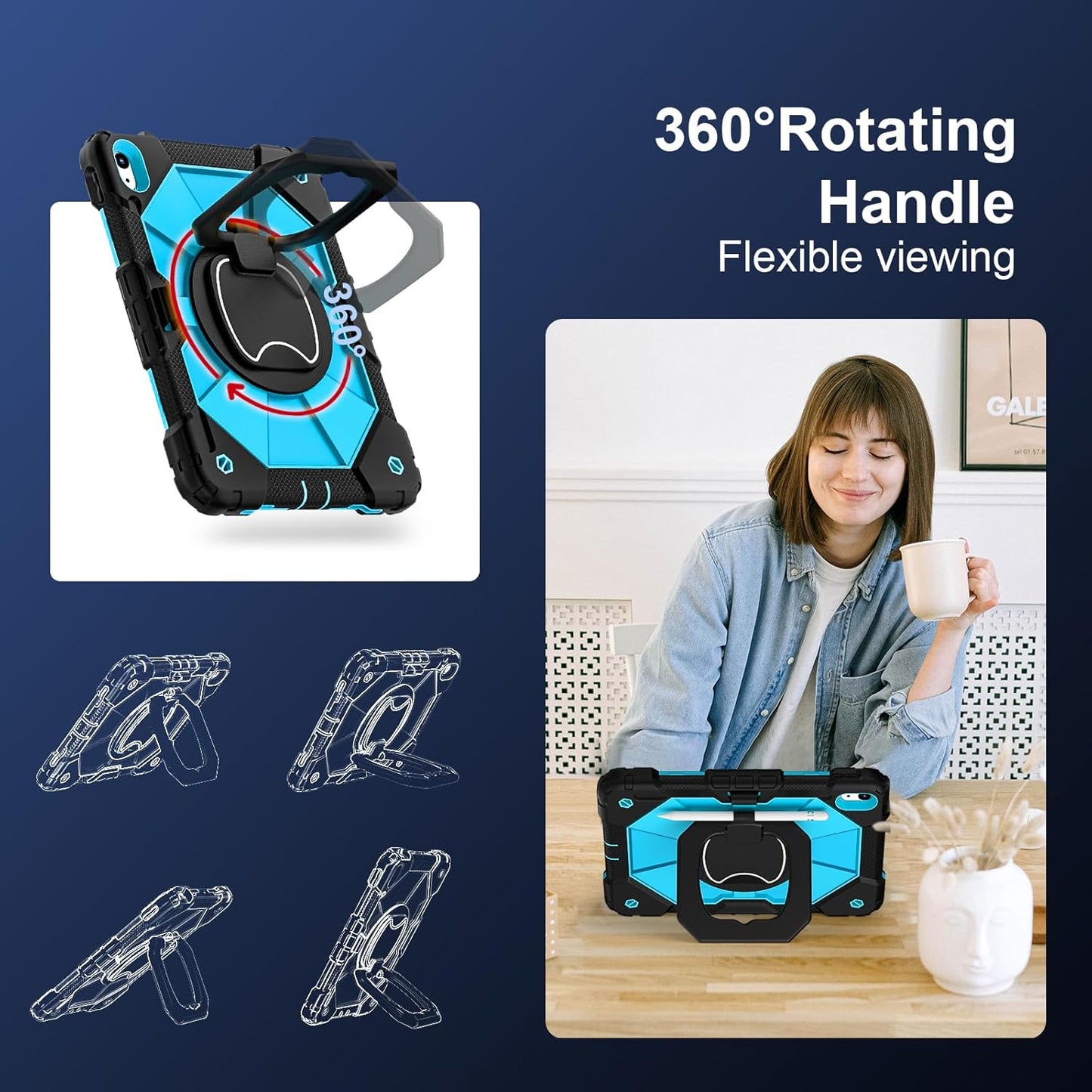 Case for iPad (A16) 11th Generation 11 Inch (2025) / iPad 10th Generation Case 10.9 Inch (2022) with 360° Rotating Stand Screen Protector Pen Holder Shoulder Strap, Black Blue