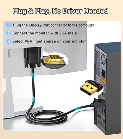 DisplayPort to VGA Cable 6FT, Display Port DP to VGA Adapter, 1080P@60Hz Video Cord from Laptop/Computer (DP) to Monitor/Projector (VGA), (Not Bidirectional, Not for HDMI or USB)