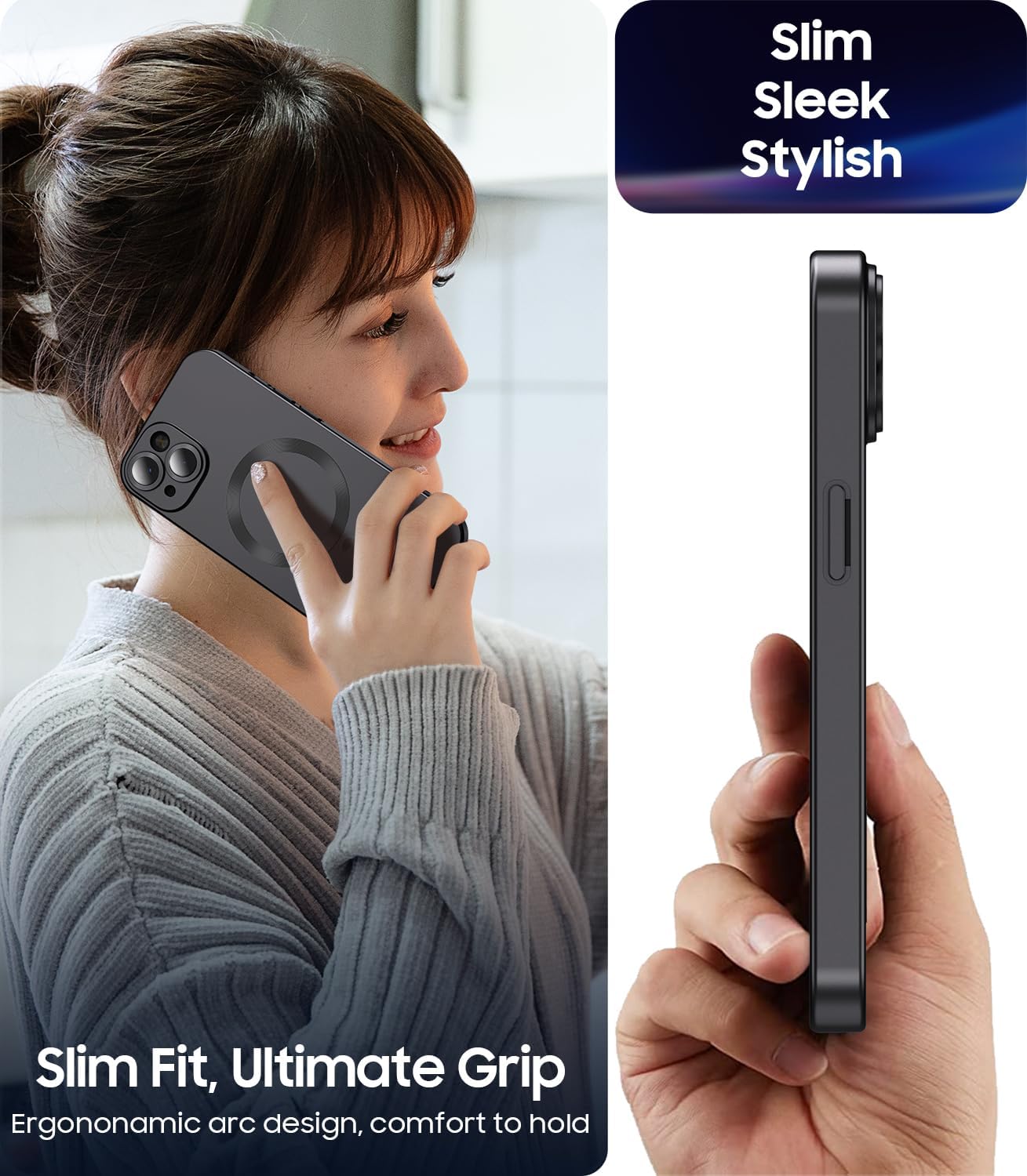 Magnetic for iPhone 15 Case [Compatible with MagSafe][Built-in Camera Lens Protector] Slim Soft Silicone Bumper Shockproof Metallic Shine Phone Case (Black)